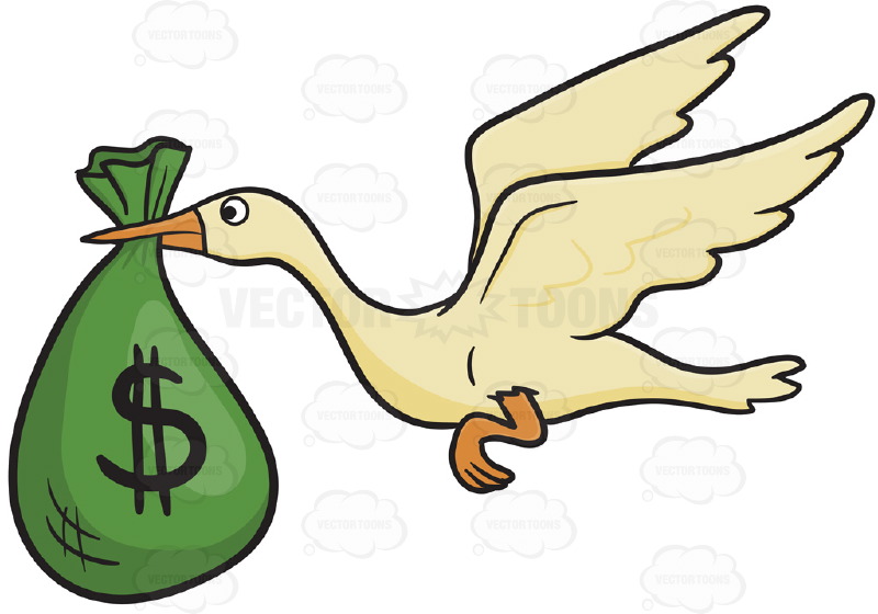 800x560 White Bird Stork Flying, Delivers Green Bag With Dollar Bill Sign