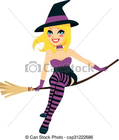 399x470 Witch Broom Flying. Beautiful Blonde Happy Witch Flying