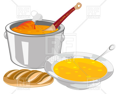 400x320 The Saucepan And Plate Of Soup On Table Royalty Free Vector Clip