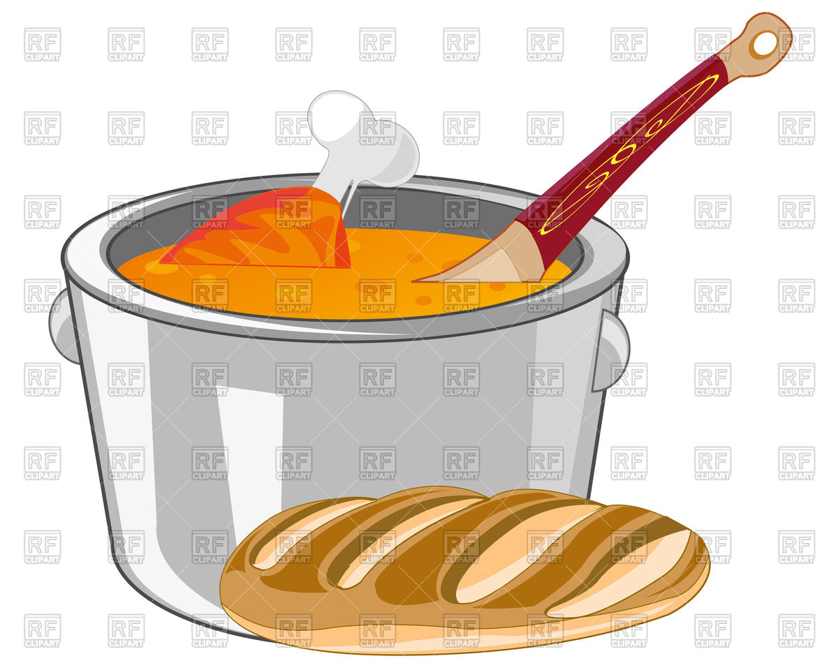 1200x960 Soup With Meat In Saucepan And Bread Royalty Free Vector Clip Art