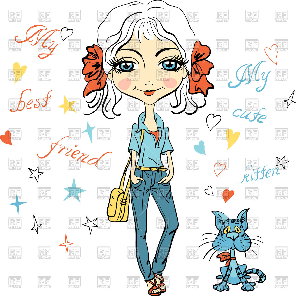 1200x1200 Cartoon Pretty Fashion Girl With Bows, Bag And With Cute Kitten