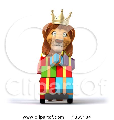 450x470 Clipart Of A 3d Male Lion King Moving Gifts On A Dolly, On A White
