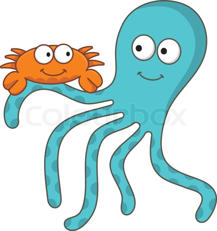 754x800 Cartoon Illustration Of Sea Creatures. Crub Playing With Octopus
