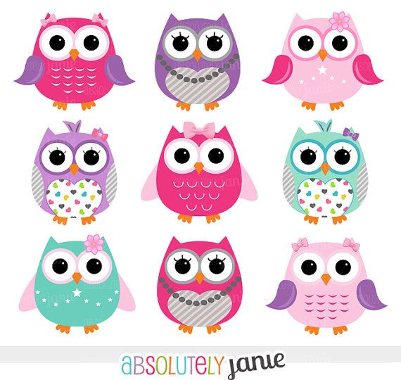 570x540 Girly Pink Purple Owls Digital Clipart
