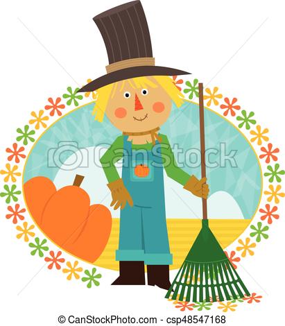 411x470 Scarecrow Holding Rake. Cute Scarecrow With A Rake Is Clip Art