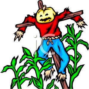 300x300 Cartoon Of A Scarecrow With A Pumpkin Head On A Post In A Field