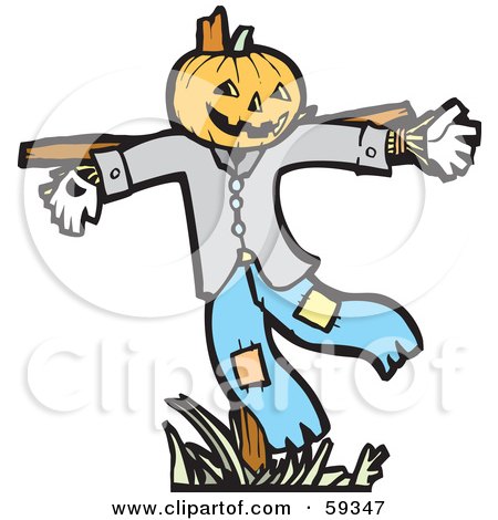450x470 Clipart Of A Black And White Woodcut Scarecrow And Birds
