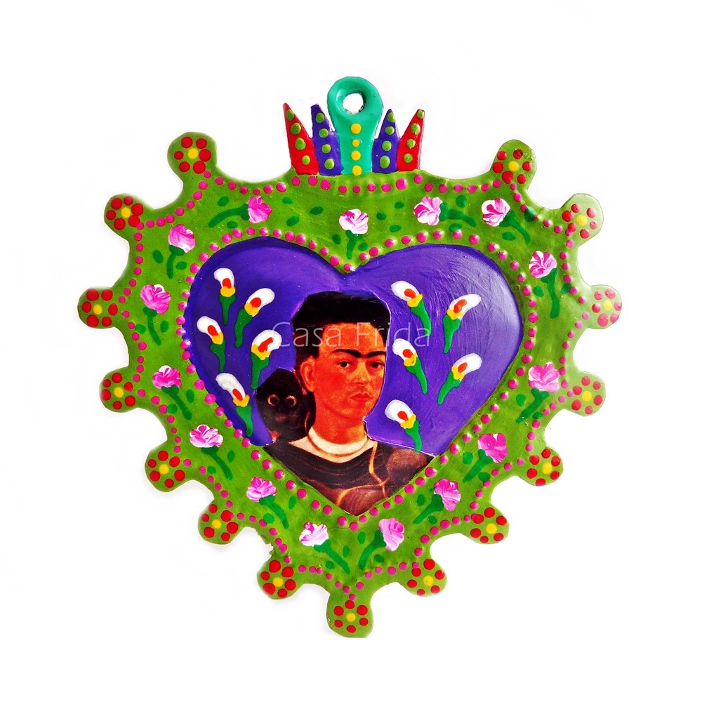 1000x1000 Mexican Tin Sacred Heart With Frida Kahlo, In Green