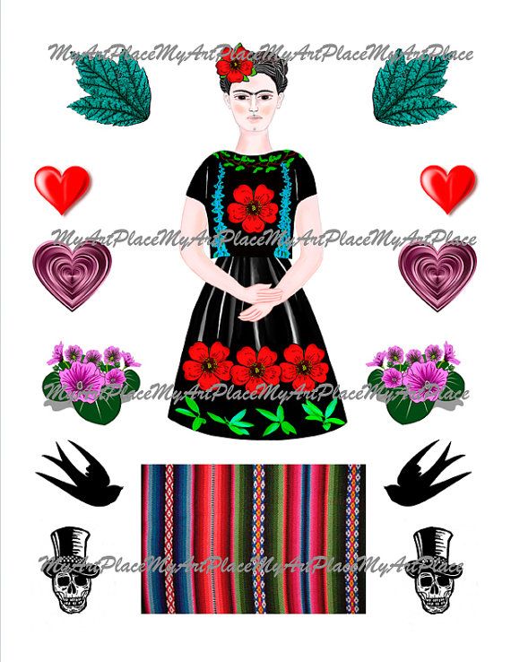 570x738 Collage Sheets Frida Kahlo, Mexican Art, Digital Download Frida