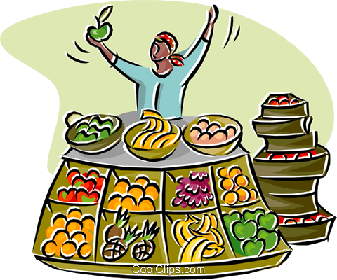 480x400 Merchant Selling Fruits And Vegetables Royalty Free Vector Clip