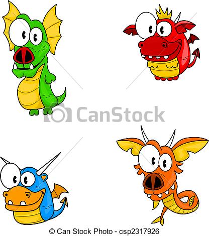 416x470 The Collection Of Four Funny Cartoon Dragons. Clip Art Vector