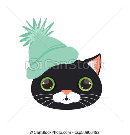 450x470 Cute Black Cat Head In Turquoise Knitted Hat, Funny Cartoon Eps