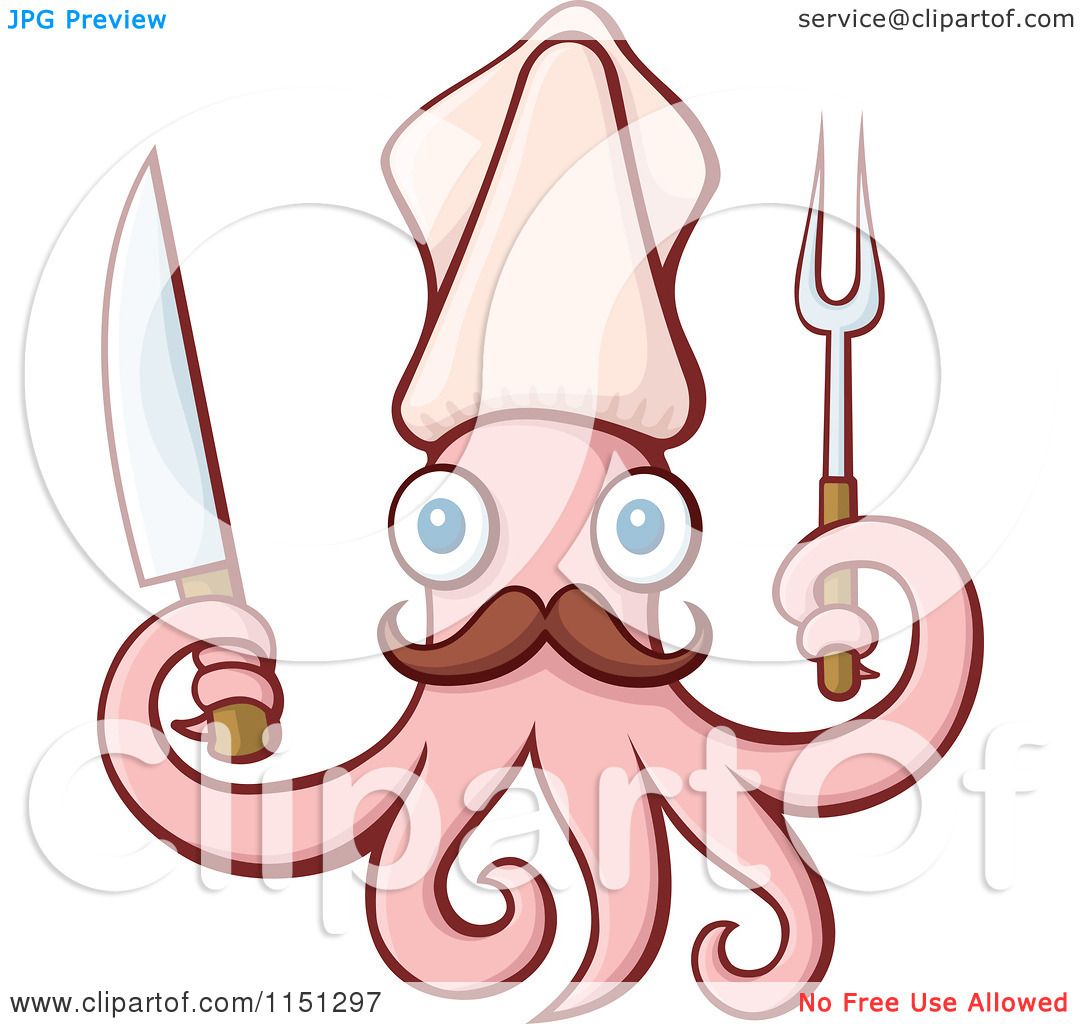 1080x1024 Cartoon Of A Pink Squid Chef With A Knife And Barbecue Fork