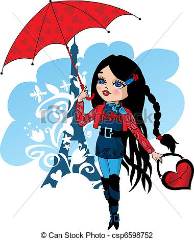 380x470 Nice French Girl With Red Umbrella Vector Illustration