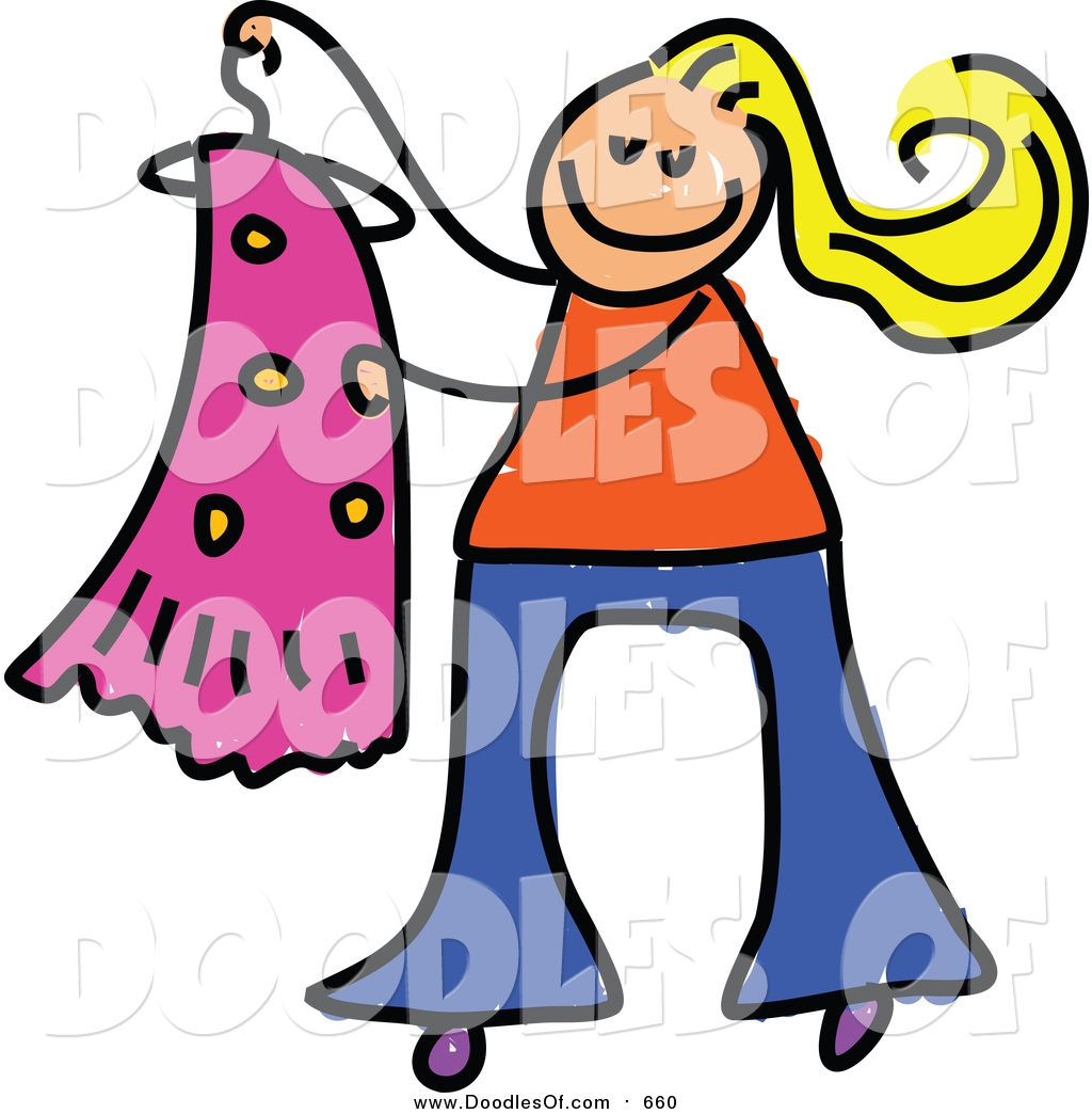 1024x1044 Vector Clipart Of Doodled White Blond Girl Holding Dress On