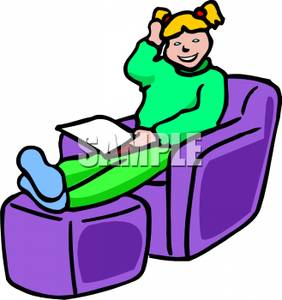 282x300 A Smiling Girl Sitting In A Chair Reading Clipart Picture