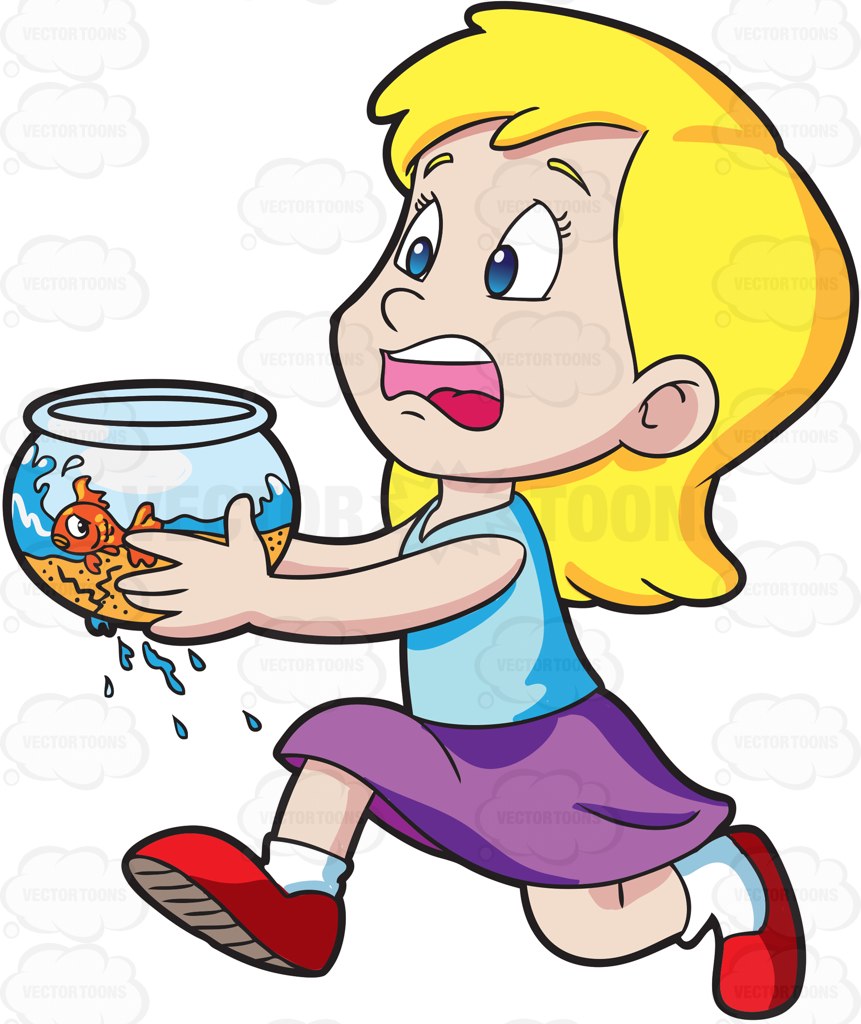 861x1024 A Panicking Girl Runs To Save Her Goldfish Cartoon Clipart