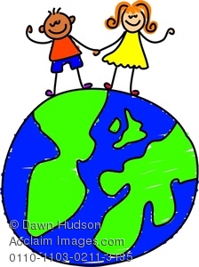224x300 Happy Little Boy And Girl Standing On A World Globe Clipart Image