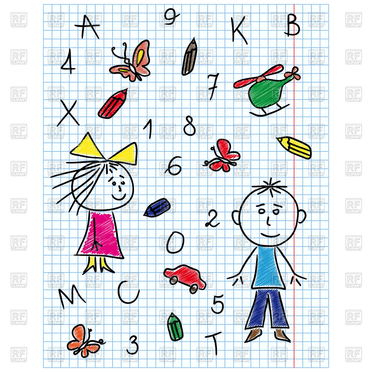1200x1200 School Kit Hand Drawing Boy And Girl In Notebook Sheet Royalty