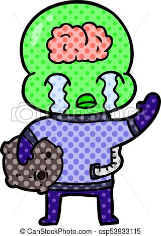 320x470 Cartoon Big Brain Alien Crying And Waving Goodbye Vector Clip Art