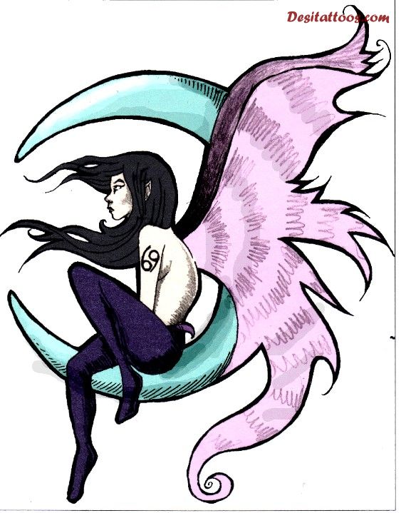 563x719 Awesome Gothic Fairy With Half Moon Tattoo Design