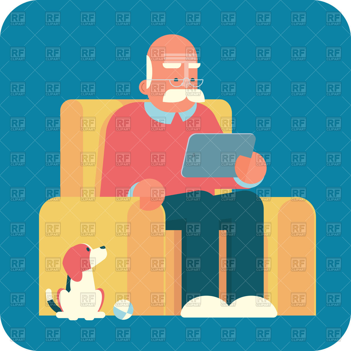 1200x1200 Old Man (Grandpa) Sitting In Armchair And Using A Tablet Pc