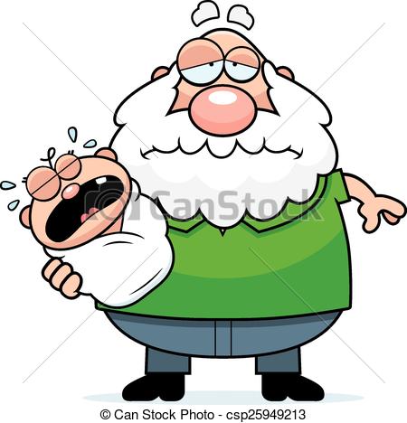 450x468 Cartoon Tired Grandpa With Baby. Cartoon Illustration