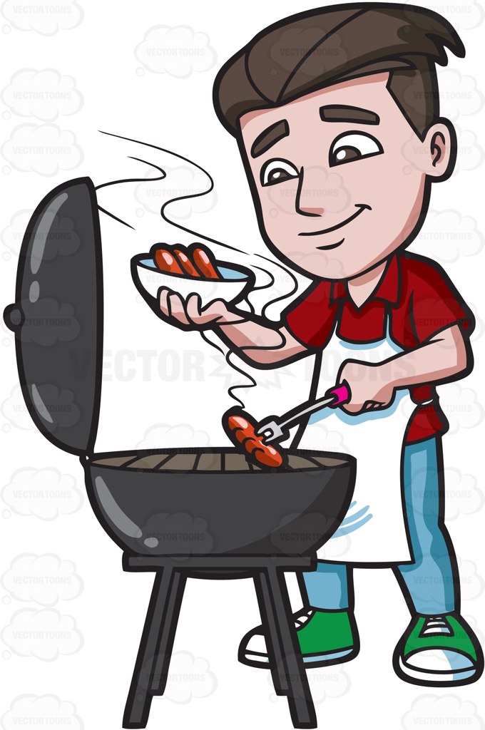 680x1024 A Man Cooking Hot Dogs On The Grill Cartoon Clipart Vector Toons