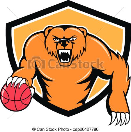 450x451 Grizzly Bear Angry Dribbling Basketball Shield Cartoon . Vector