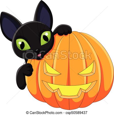 450x455 Vector Illustration Of Cartoon Black Cat Holding Halloween