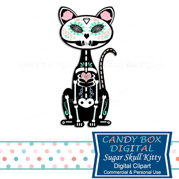 570x570 Sugar Skull Cat Clipart, Halloween Clip Art, Hipster Sugar Skull