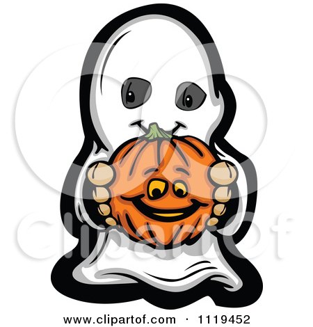 450x470 Cartoon Of Halloween Kid In Ghost Costume Holding Out