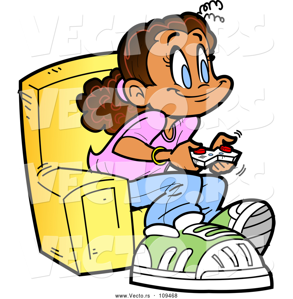 1024x1044 Vector Of Cartoon Happy Girl Sitting In A Chair And Playing Video