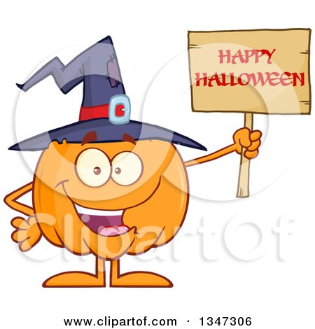 450x470 Clipart Of Cartoon Halloween Pumpkin Character Wearing A Witch Hat