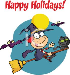 278x300 A Happy Holidays Greeting With A Witch,cat And Flying Bats
