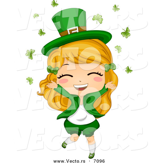600x620 Cartoon Vector Of A Happy St. Patrick's Girl Dancing While Clovers