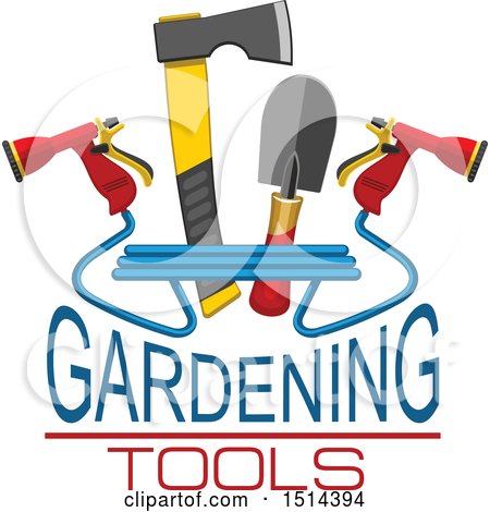 450x470 Clipart Of A Hatchet, Hand Spade And Spray Nozzles With Gardening