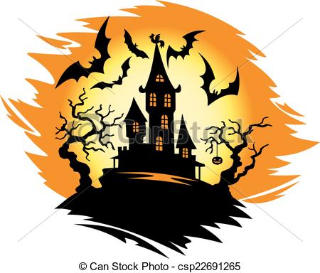450x384 Halloween Castle. Dark Castle On Halloween Landscape. Vector