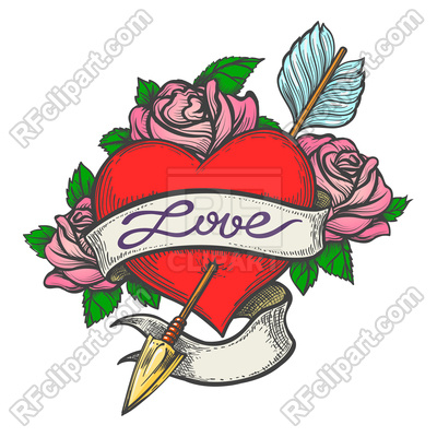 400x400 Heart Pierced By Arrow With Ribbon In Tattoo Style Royalty Free