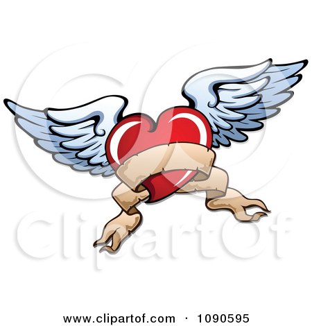 450x470 Clipart Of A Woodcut Flying Winged Heart In Black And White