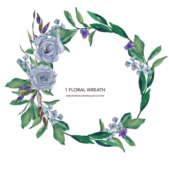 570x571 Heather Blue Roses Watercolor Wreath Clipart Hand Painted