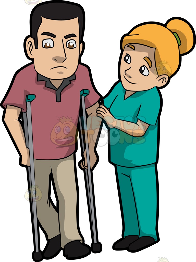 768x1024 A Female Physical Therapist Helping A Male Patient Walk Cartoon