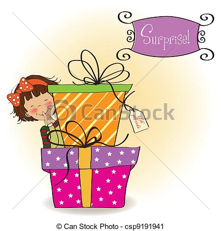 450x470 Cute Little Girl Hidden Behind Boxes Of Gifts. Happy Vector