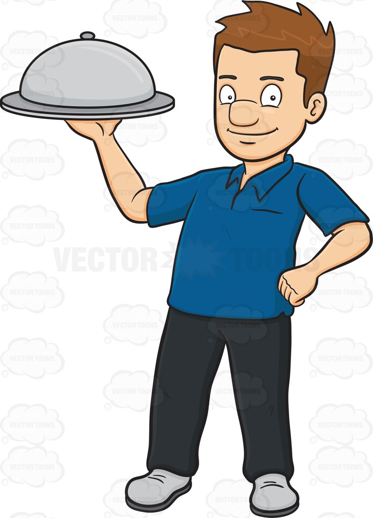 738x1024 A Man Carrying A Surprise Food Hidden Under The Dish Cover Cartoon