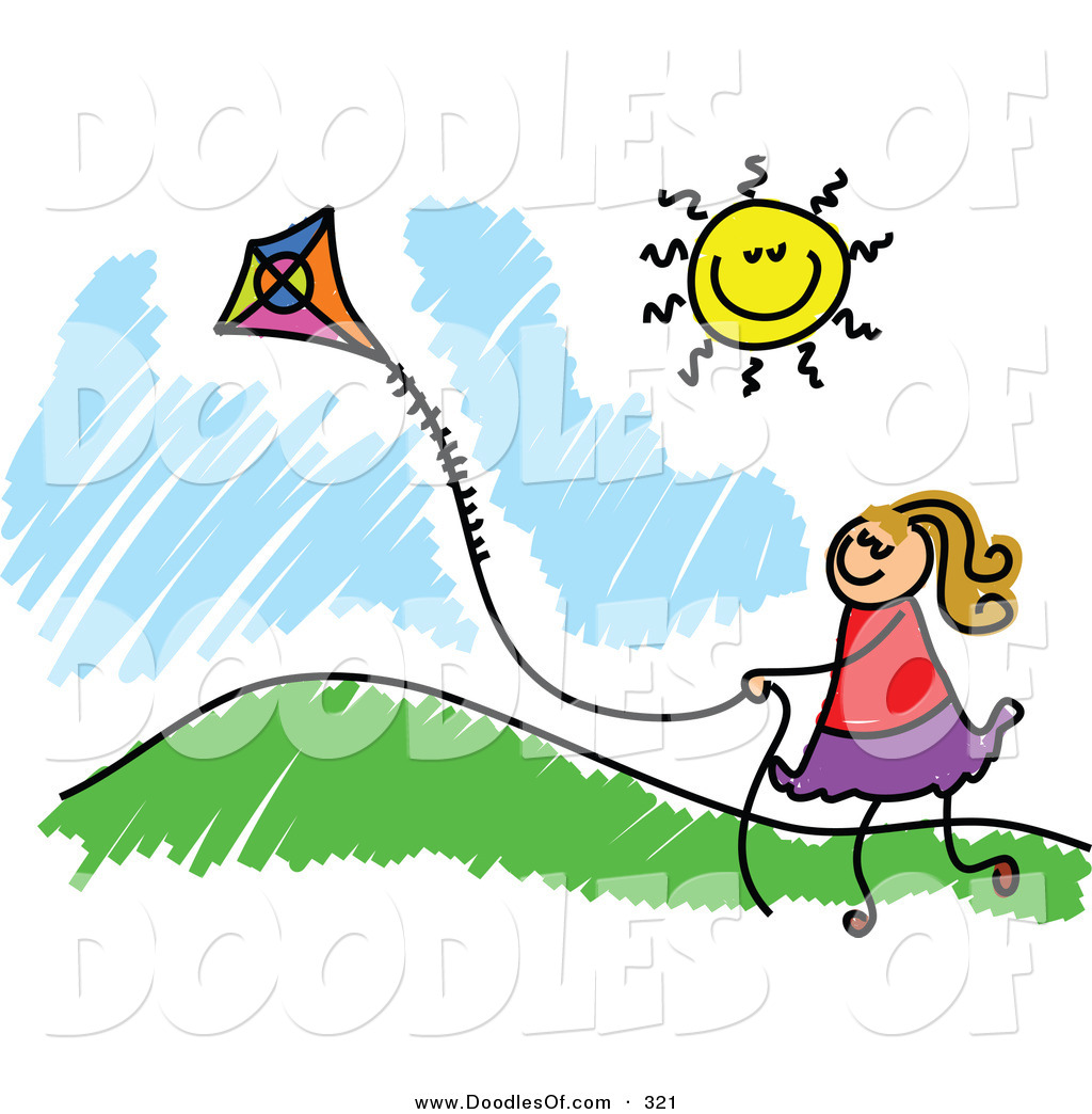 1024x1044 Vector Clipart Of A Childs Sketch Of A Happy Girl Flying A Kite By