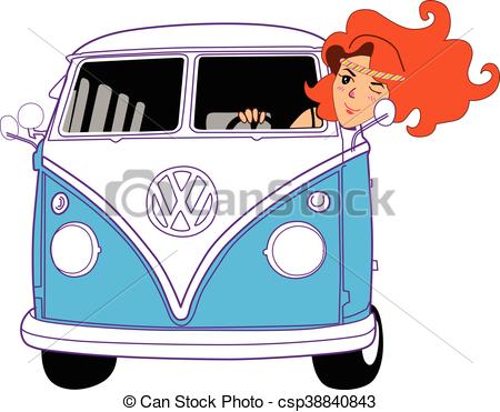 450x371 Hippie Girl Riding Vintage Blue Van Cartoon Eps Vector