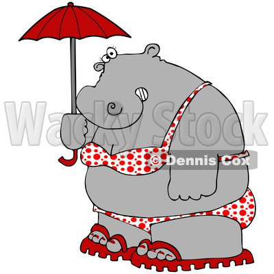 400x400 Clipart Fat Hippo Holding A Parasol Wearing A Red Bikini