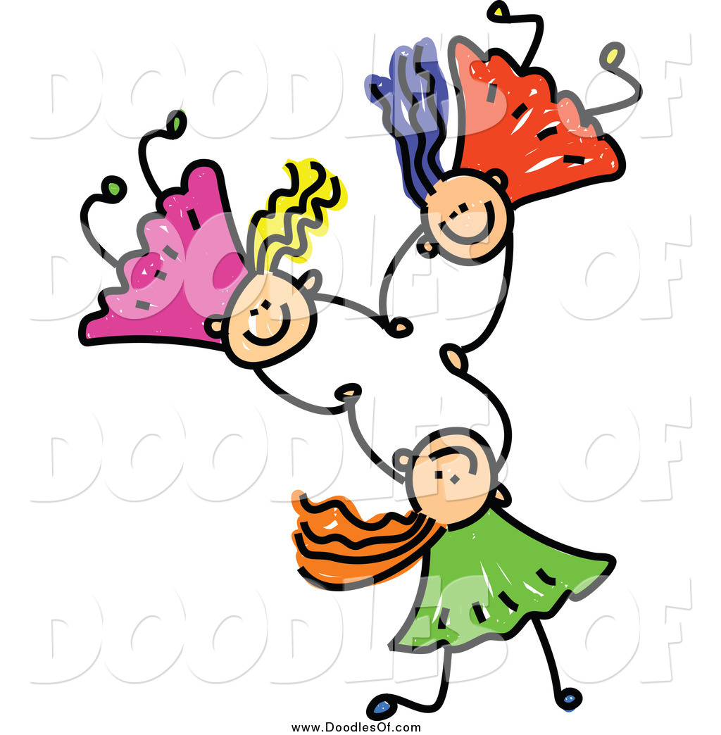 1024x1044 Vector Clipart Of A Doodle Of Three White Girls Holding Hands