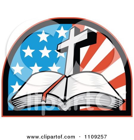 450x470 Clipart Retro Open Holy Bible With A Cross Over An American Flag