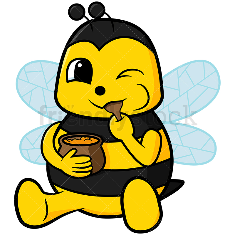800x800 Adorable Bee Eating Honey From A Pot Vector Cartoon Clipart